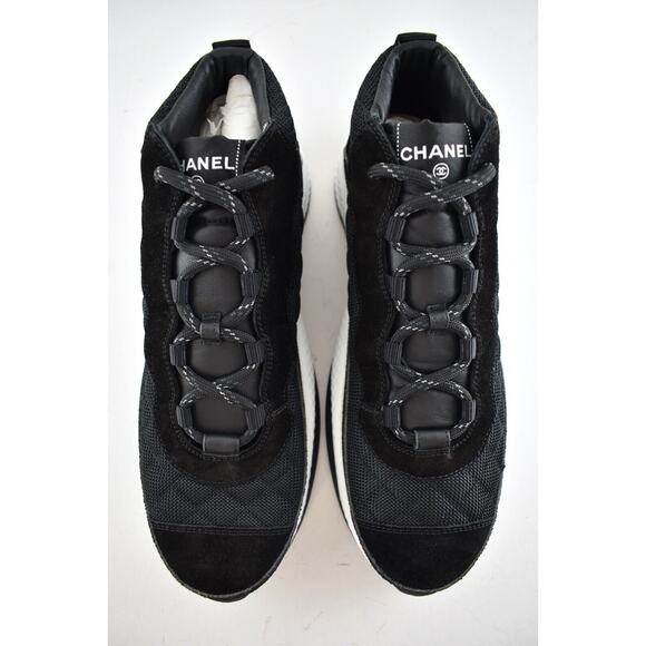 Chanel 21B Mens Black Suede White CC Logo Lace Up Mid Top Trainer Sneaker 44 11 - Picture 8 of 12